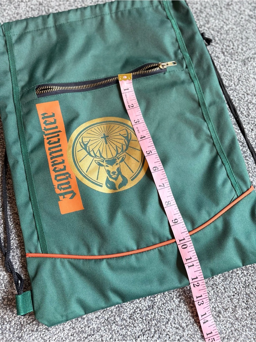 Yagermeister Drawstring Backpack Cinch Bag Green w Zipper Pocket in Front - Picture 6 of 7